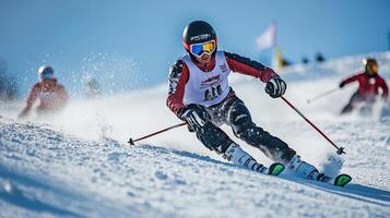 A focused skier carving a slope on a sunny day. photo