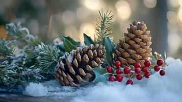 Winter's embrace of festive pine cones and holly. photo