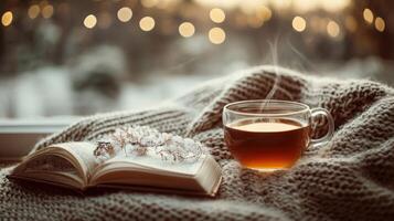 A cup of tea and a book on a blanket photo