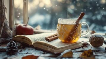 Cozy winter scene with tea, book, and snow. photo