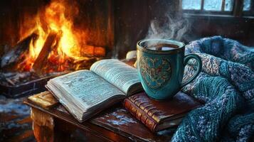 Cozy winter scene by a warm fireplace with a steaming cup of hot drink. photo