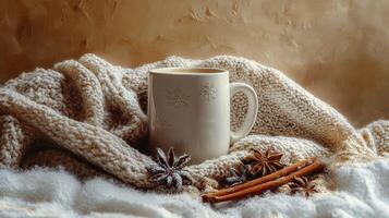 Warm beverage nestled in cozy knitted blanket. photo