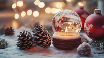 Festive snow globe with candlelight and pine cones. photo