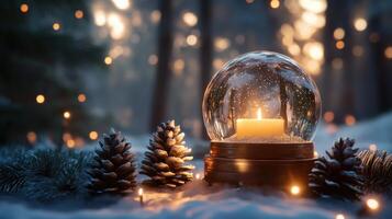 Winter forest scene with a snow globe and candle. photo