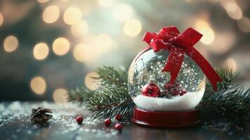Festive snow globe on a dark wooden surface. photo