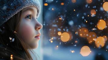 Close-up profile view of a girl in winter gazing at snow. photo