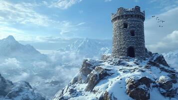 Snowy mountaintop fortress watchtower. photo