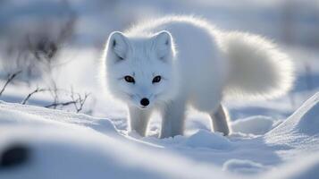 A white arctic fox in pristine snow. photo