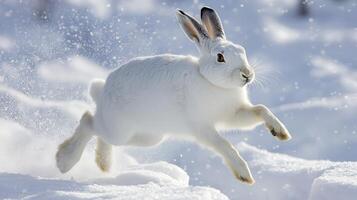 White rabbit leaping through snowy terrain. photo