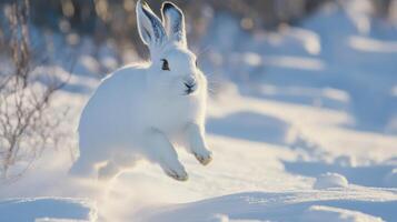 Winter scene of a leaping arctic hare in snow. photo