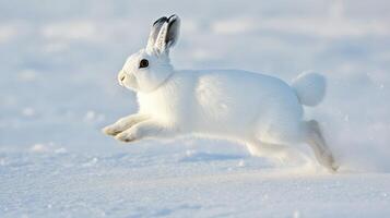 White hare leaps across a snowy field. photo