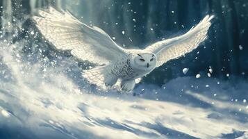 Snowy owl soars through a winter wonderland. photo