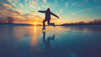 Silhouette of skater leaping on frozen lake at sunset. photo