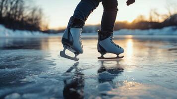 Close-up view of ice skating legs on frozen lake. photo