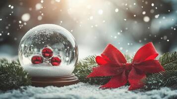 Snowy Christmas globe nestled in winter scene with a red ribbon. photo