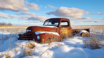 Rusty pickup truck abandoned in a snowy field. photo