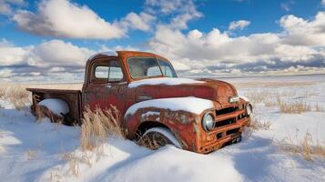 Rusty old pickup truck buried in snowy field under a vibrant sky. photo