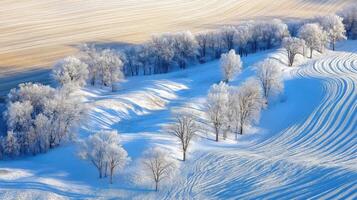 Winter wonderland landscape with frosted trees and plowed fields. photo