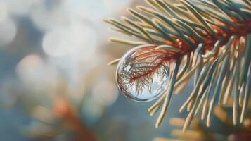 Close-up view of a water droplet on a pine branch. photo