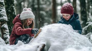 Two children playing in the snow, building a winter fort. photo