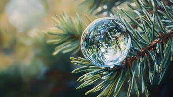 Close-up view of a clear sphere resting on pine needles. photo