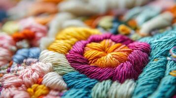 Close-up view of colorful embroidered threads in a textile pattern. photo