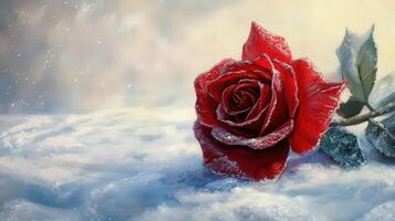 A vibrant red rose, frosted with snow, resting on a bed of winter. photo