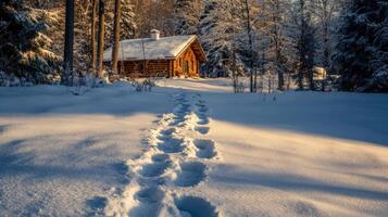 Snowy path leading to a wooden cabin in winter woods. photo
