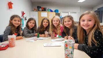 Children writing holiday messages at a table. photo