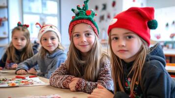 Smiling children wearing festive holiday headwear at a table. photo