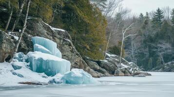 Frozen ice formations near a rocky shoreline. photo