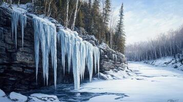 Frozen waterfall cascading down a wintery cliff face. photo