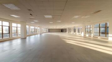 Empty office space with natural light streaming in. photo