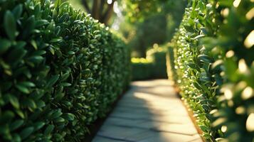 A sunlit pathway bordered by dense green hedges. photo