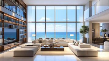 Luxurious penthouse living area with ocean view. photo