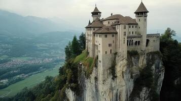 Majestic castle perched atop a dramatic cliff face. photo
