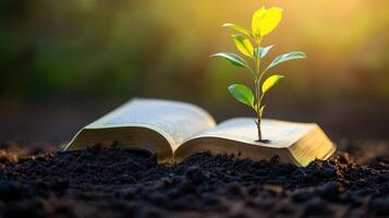 Sunlight illuminates a young plant emerging from an open book in the earth. photo