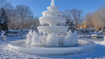 Frozen winter fountain adorned with icy sculptures. photo