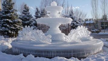 Frozen winter fountain decorated with ornate ice sculptures. photo