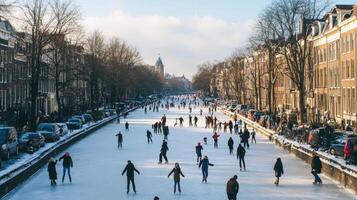 Winter skaters on a frozen canal city scene. photo