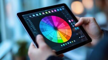 Hands holding a tablet displaying a color wheel. photo