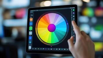 Digital tablet displaying a color wheel interface. photo
