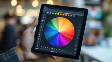 Close-up of a tablet displaying a color wheel. photo