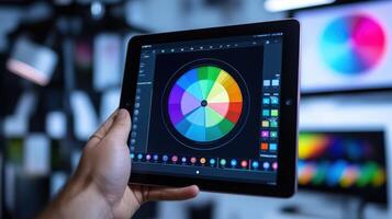Digital tablet displaying a color wheel graphic interface. photo