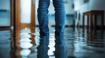 Person standing in a flooded interior hallway. photo