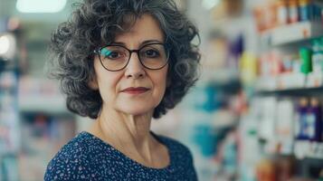 Mature woman with eyeglasses in a store setting. photo