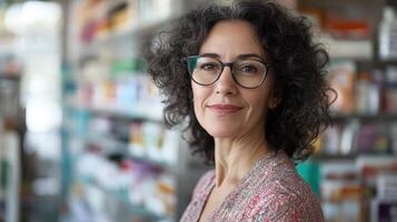 Positive middle-aged woman smiles confidently in a store. photo