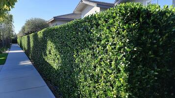 Lush green hedge bordering a paved walkway. photo