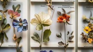 Pressed floral specimens in display cases. photo
