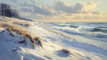 Winter shoreline scene with snow-covered dunes and waves. photo